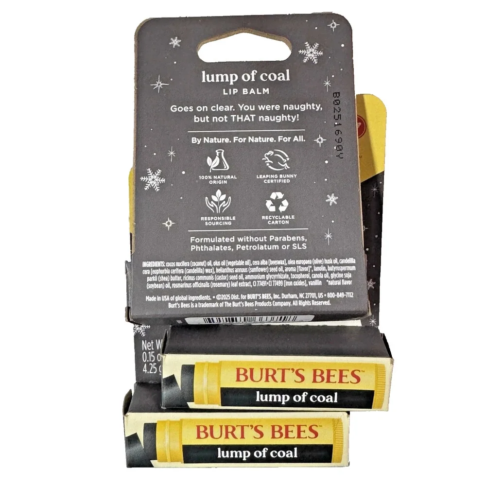 3x Burts Bees Lump of Coal Vanilla Lip Balm Limited Holiday Edition 4.25g Each